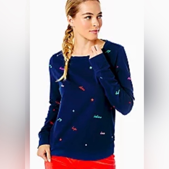 Lilly Pulitzer Rami Long Sleeve Low Tide Navy Good Vibes Sweatshirt size S NWT - Picture 1 of 7